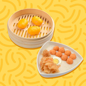 Congee with Prawnball, and 3pcs Salted Egg Custard Bun